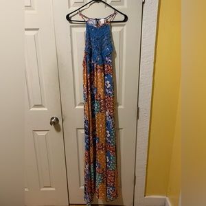 CY Fashion boho patchwork print maxi with crochet chest
